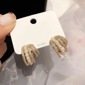 

luxury temperament zircon micro-inlay C-shaped multi-layer circle women pearl earrings