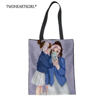 

Twoheartsgirl Super Mom Print Casual Women Totes Bags Shoulder Canvas Reusable Shopping Bag Lady Girl Durable Handbags Handy