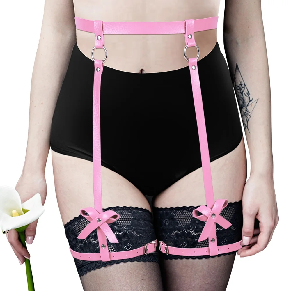 

Pink Bow Punk Accessories Leather Harness Fashion Women's Underwear Sexy Lingerie Garters Stocking Belt Fetish Erotic