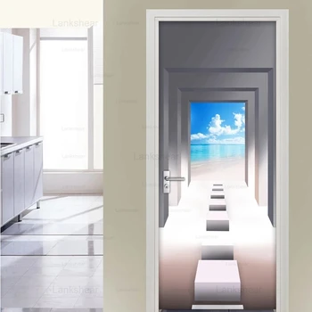 

3D Door Sticker Mural 3D Space Beach Seascape Wall Decals Door Stickers Waterproof Pvc Self Adhesive Wallpaper Home Decoration