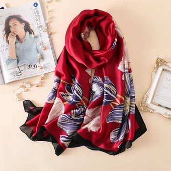 

2018 Luxury Brand Plain Big Floral Silk Scarf Beach Shawls and Echarpes Luxurious Wraper Design Scarves Plus Size Stole Bandana