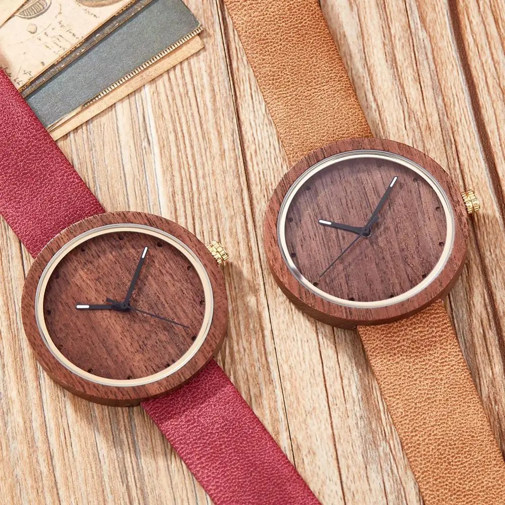 

REAL Wood Bamboo Dial Watch Men Women Couple Wristwatch Wooden Watches Simple Style Male Female Brown Genuine Leather Band Clock