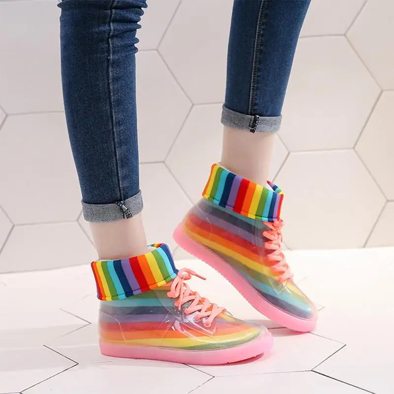 

Colorful Ankle Mature Boots Woman Shoes Aleafalling Ankle Rain Boots Removable Cover Platform PU Waterproof shoes