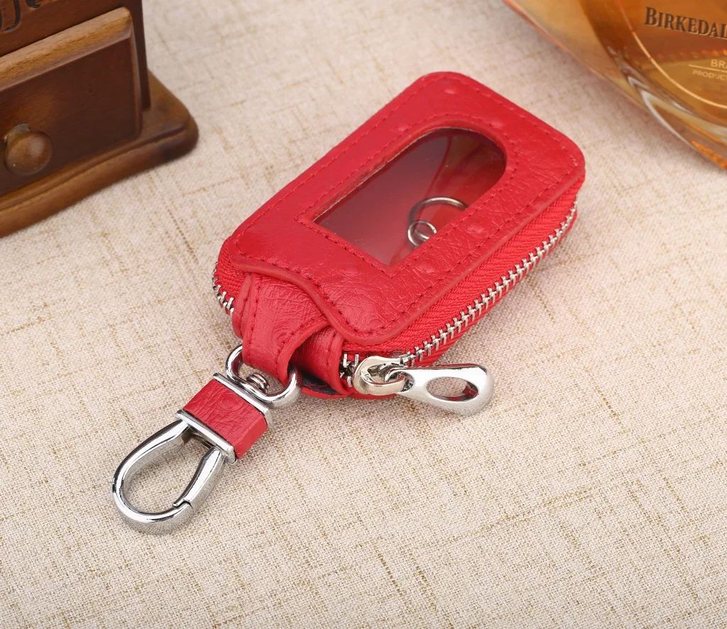 Fashion Real Cowhide Zipper Square Women's Home Car Key Ring Box Transparent Window Key Pocket Wallet Keychain
