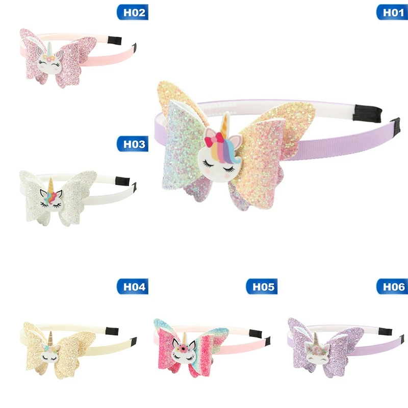 1PCS Kids Girls Unicorn Hairbands Shiny Glitter Sequins Hair Bow Children Party Hairbands Fashion Resin Kids Party Head Wear