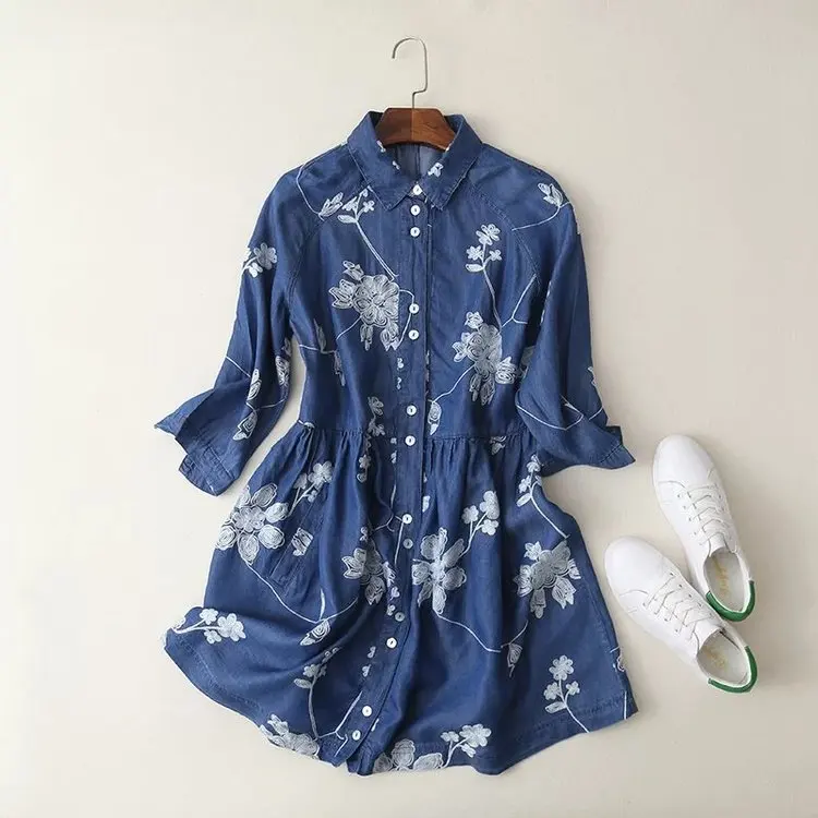 

WOMEN'S Dress Spring-Style Covered with Embroidered Fold-down Collar Dress Mid-length Denim Shirt A- line Skirt S7094