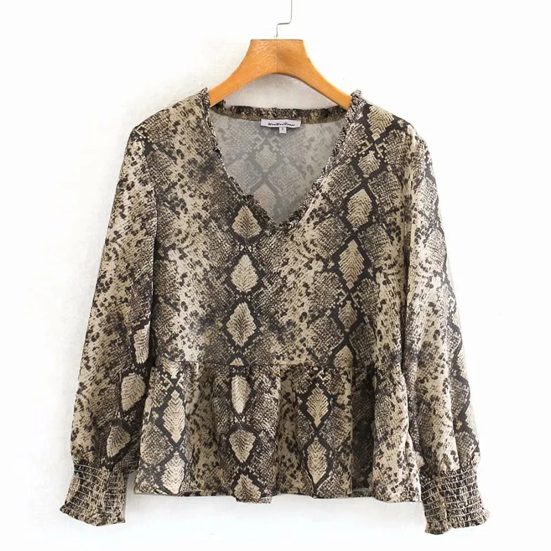 ZOEPO V Neck Tshirts Women Fashion Casual Serpentine Printed Tops Women Elegant Long Sleeve Tees Female Ladies LE - Цвет: WWTE3350
