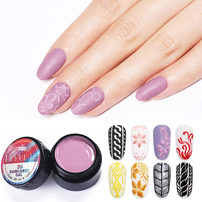 

LILYCUTE 5ml 3D Embossed Gel Nail Polish Carving Painting White Black Silver Color Gel Soak Off Nail Art UV Gel Varnish