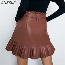 CHBBLF Женская шикарная юбка из искусственной кожи с оборками, галстуком-бабочкой, поясом, карманами на молнии, плиссированные Женские базовые модные мини юбки HJH2330