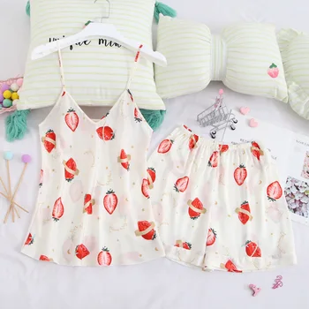 

Sexy Print Strawberry Strap Top Nightgown&Shorts 2PCS Pajamas Set Women Bride Wedding Night Suit Sleepwear Nightwear Home Wear