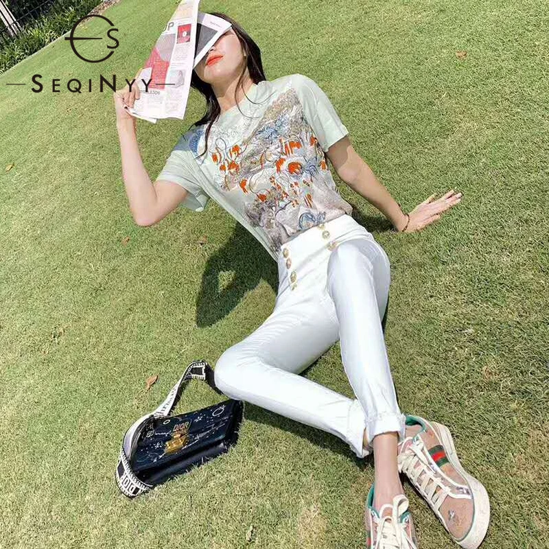 

SEQINYY Cotton T shirt 2020 Summer New Fashion Design Women Short Sleeve Holiday Style Crystal Flowers Print Loose Top Female