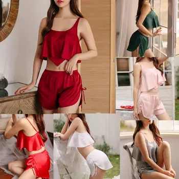 

New Sexy Silk Pajamas Stain Pyjamas Women Sleepwear Set Comfortable Camisole Lotus leaf Shorts Chiffon Sleepwear Lingerie Set
