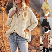 Woman Jacket Fashion Pockets Patch Casual Loose Corduroy Blouse Office Lady Vintage Shirts Chic Long Sleeve Yellow Blusas Tops