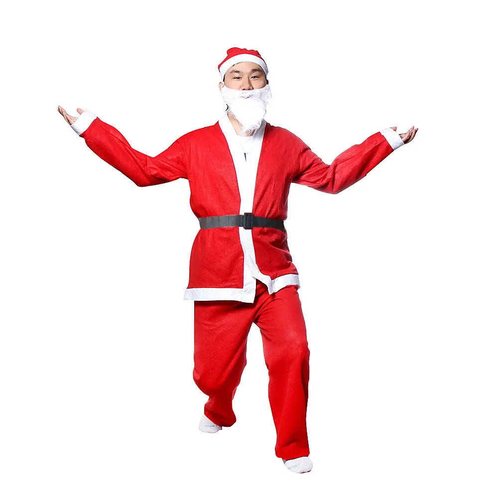 Adult Santa Claus Costume Suit Plush Father Fancy Clothes Xmas Cosplay Props Men Coat Pants Beard Belt Hat Christmas Set