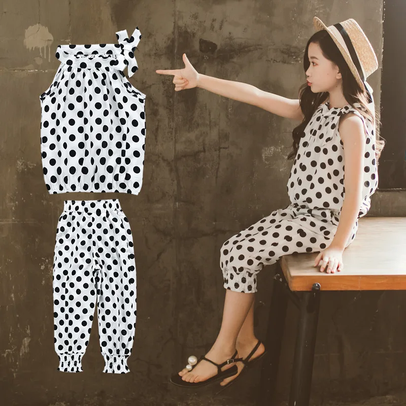 

Teens Girl Summer Chiffon Dots Bow Tops and Pants Children Girls Clothing Sets Kids Clothes for 3-14 Year Black White 2pc Suits