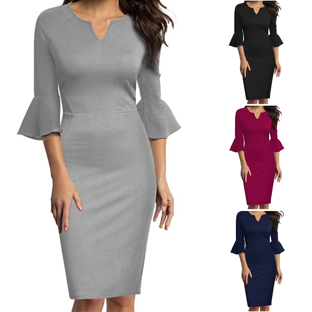 Women Dress Y-neck Daily High Waist Work Elegant Package Hip Shopping Knee Length Midi Solid Travel Three Quarter Sleeve