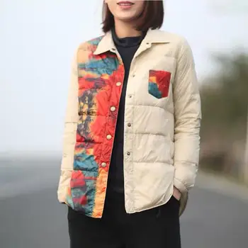 

Autumn retro style white duck down coat female light style printed warm down coats soft fluffy down jacket parkas F335