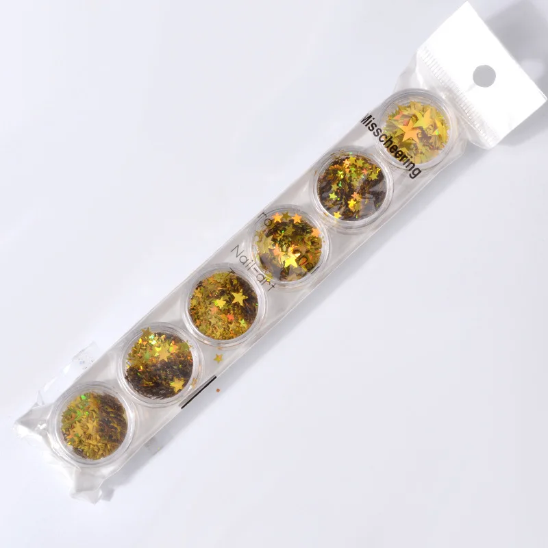 6 коробок/набор лазерные смешанные Блестки для ногтей порошок Блестки Блестящие красочные хлопья для ногтей 3d DIY Шарм Пыль для украшения ногтей