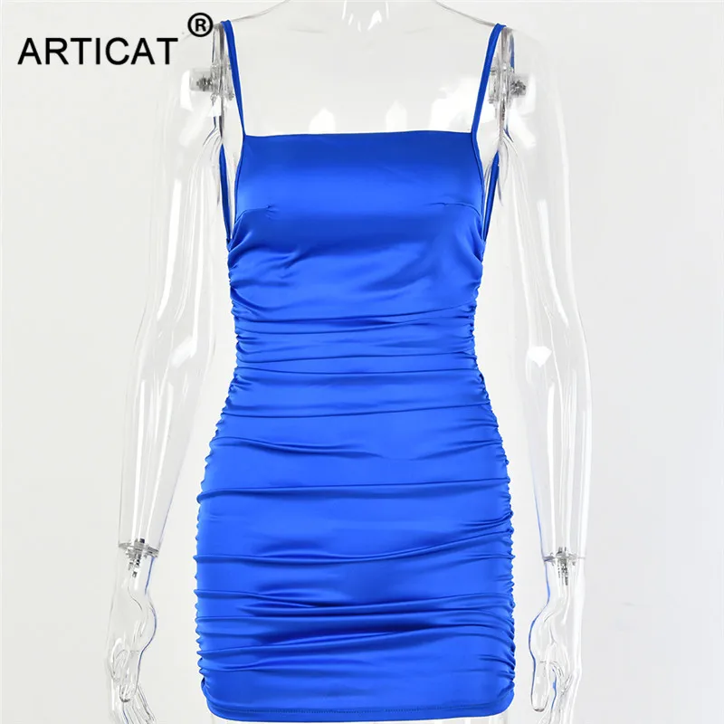 Articat Spaghetti Strap Mini Satin Dress Women Sexy Backless Cross Bandage Bodycon Party Dress Pleated Stretch Short Club Dress