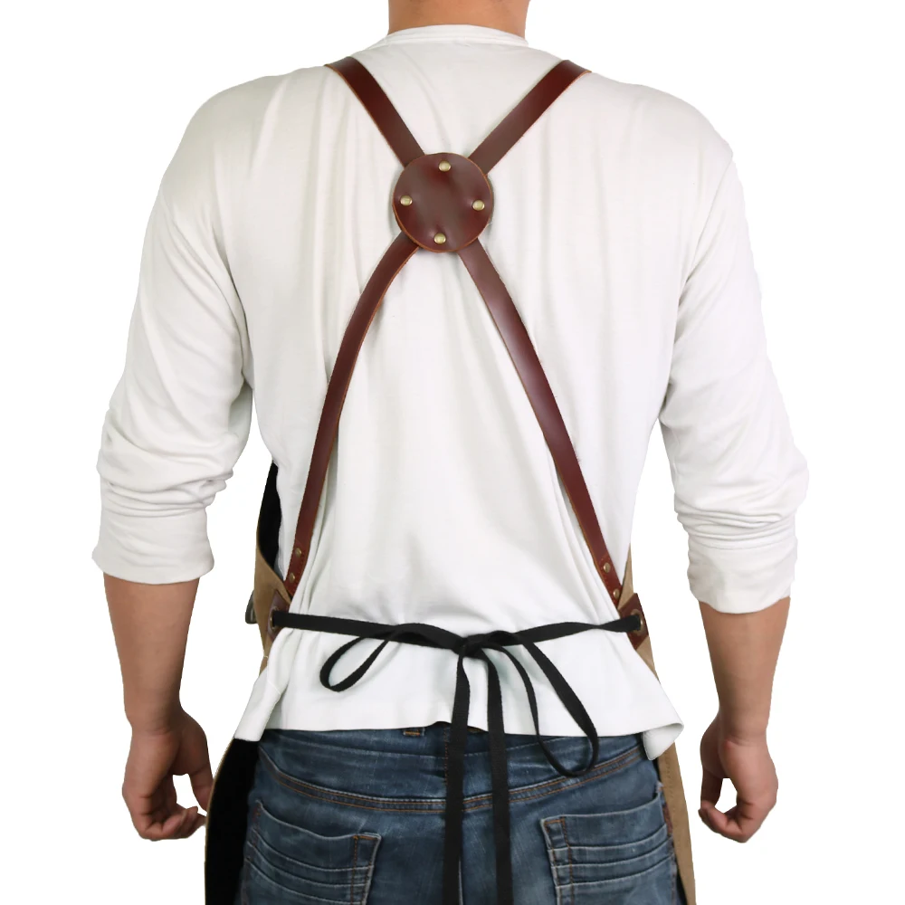WEEYI Barber Apron Men Women Waxed Canvas Apron For Hairdresser Leather Pockets Unisex Vintage Salon Apron delantal peluquera