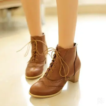 

Retro Women's Chunky Heels Round Toe Lace up Brogue Ankle Boots 3 Colors