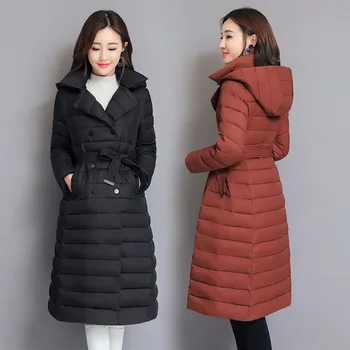 

Thin Down Cotton Jacket for Womens 2019 Autumn Winter Parkas Plus Size Hoodies Belt Slim Female Long Jackets Coats CC47