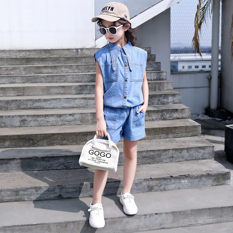 

Childrenswear GIRL'S Suit 2019 Summer New Style Children Big Boy Printed Lettered Little Girl Cowboy Two-Piece Set Fashion