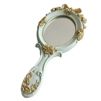 

European Style Vintage Handheld Roses Mirror Princess Women Girls Oval Vanity Makeup Cosmetic Tool with Anti-Slip Handle