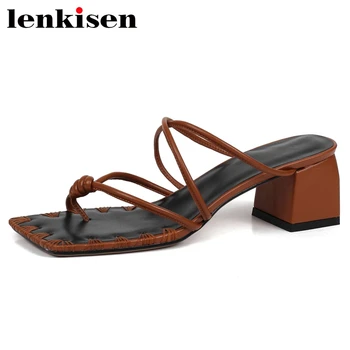 

Lenkisen limited customization genuine leather brand shoes handmade flip-flop high heels slip on beauty lady sandals women L21