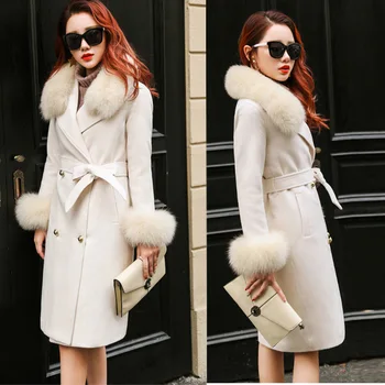 

Women Winter 2019 Coats Autumn and Winter Coat New Large Size Fur Collar Pink Wool Coat Thick Long Coat Female