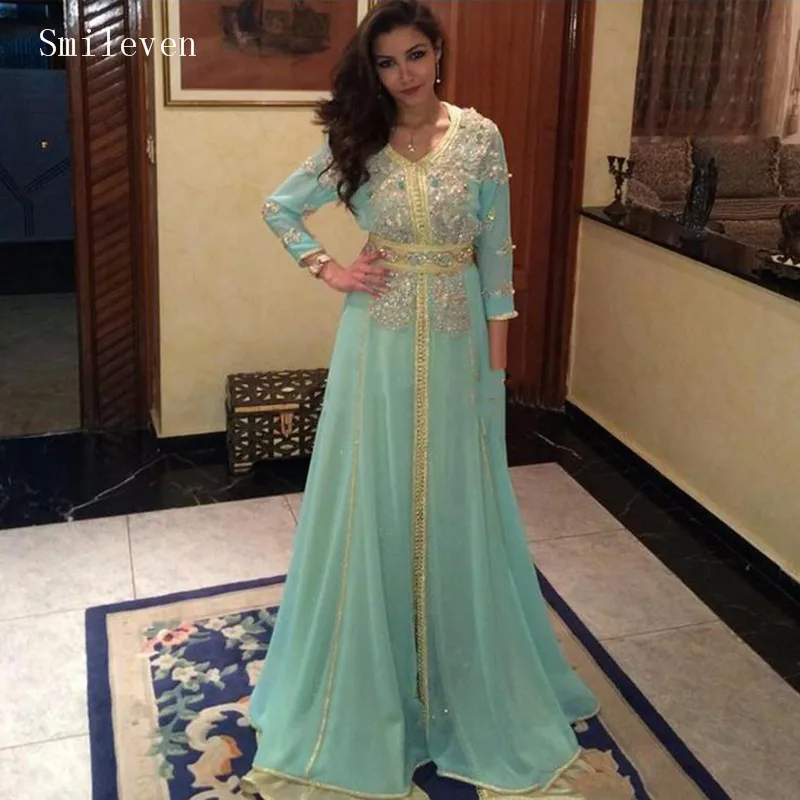 

Smileven Moroccan caftan Evening Dresses Gold Lace Appliques Mint Green Arabic Muslim Special Occasion Dress Evening Party Gowns