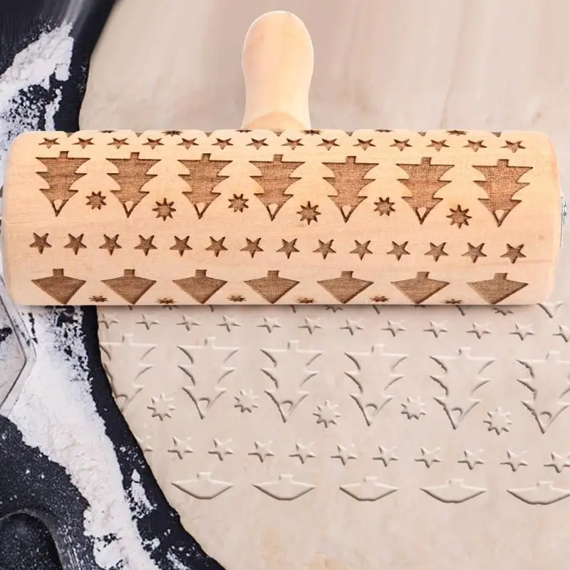 Wooden Rolling Pin Roller Christmas Elk Snowflake Pattern Laser Embossing Dough Stick for Cookie Baking Accessories