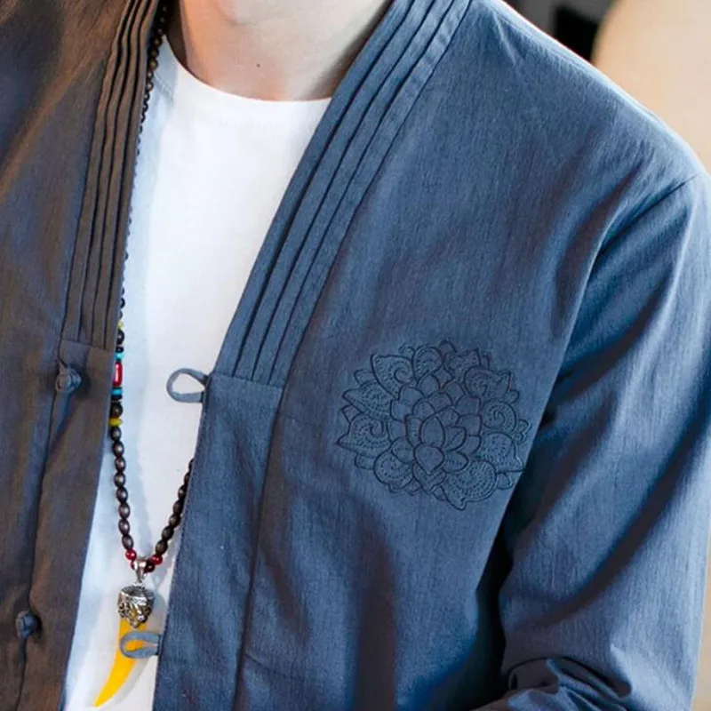 Discount 2019 Sinicism Cotton Linen Shirts Men Kimono Traditional Open Stitch Shirt Belt Pocket Male Three Quarter Sleeve Shirt S-5XL