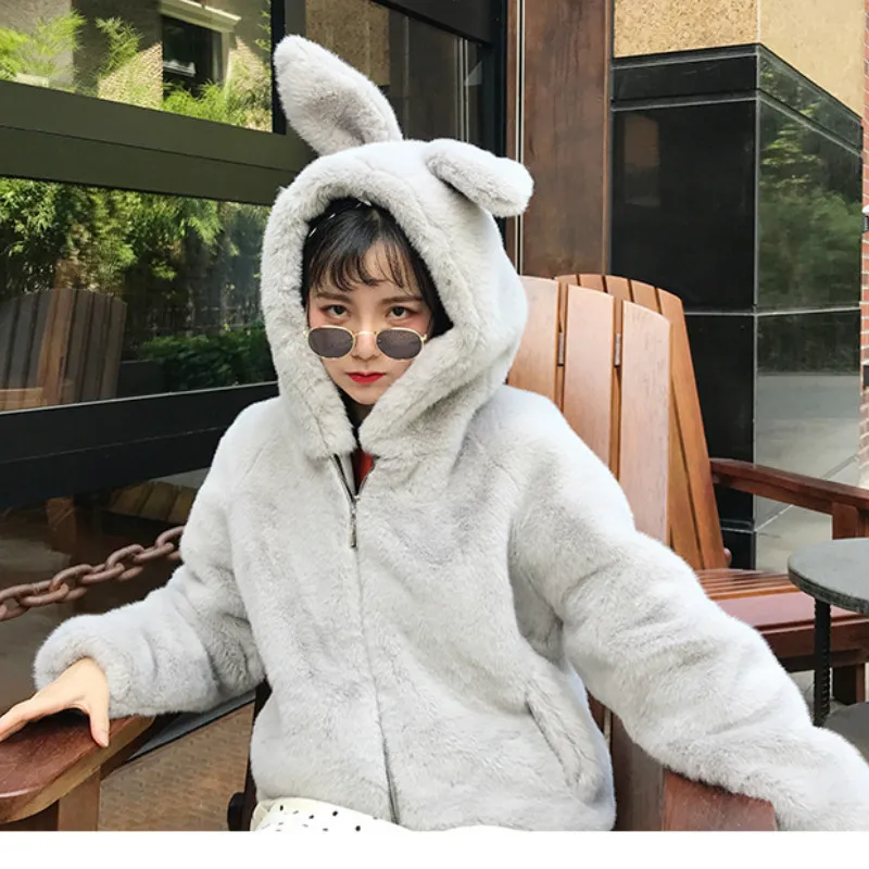 Cute Hooded Faux Fur Rabbit Ears Hooded Fluffy Coat Cartoon Imitation Rabbit Fur Grass Thick Jacket Soft Cardigan Bomber Tops