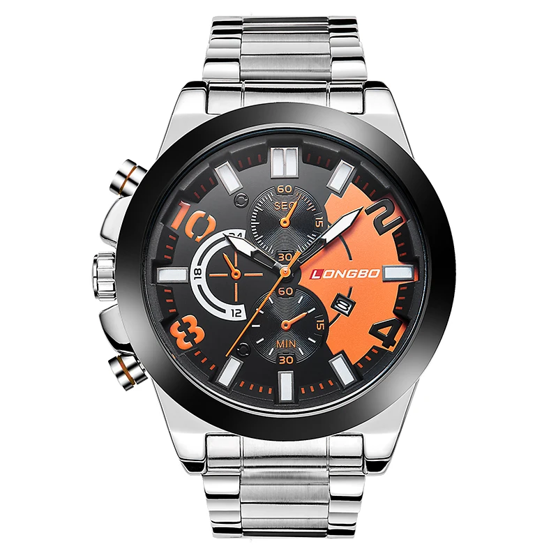 LONGBO Роскошные мужские часы со стальным кожаным ремешком спортивные кварцевые часы для мужчин мужские часы для отдыха простые часы Relogio Masculino 80187 - Цвет: Black Orange Steel