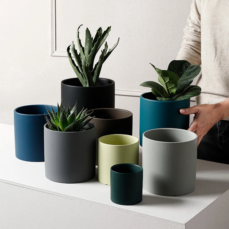 Maceta de cerámica colorida de estilo Industrial nórdico, maceta para suculentas, plantas verdes, forma cilíndrica, con bandeja de agujeros