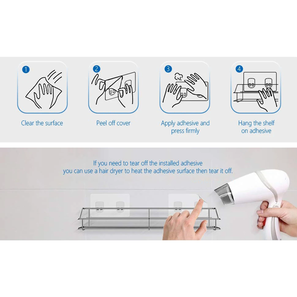 304 Stainless Steel Kitchen Bathroom Toilet Shelf Wall Mount Shower Adhesive Pad No Drill Organizer Shampoo Holder Rack 5