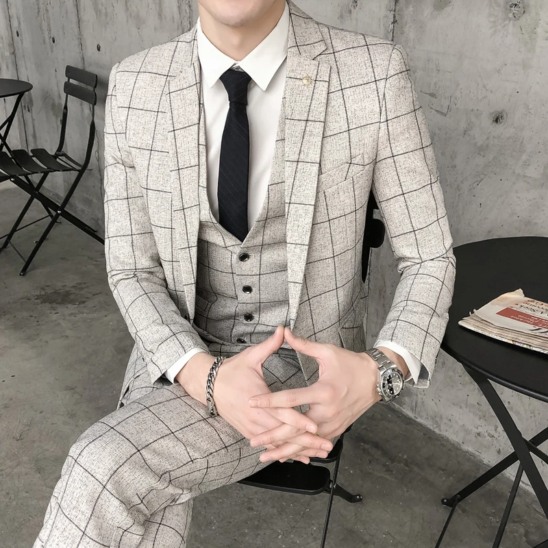 ジャケット ベスト パンツ 男性の新郎ウェディングドレスチェック柄フォーマルなスーツセットメンズファッションカジュアルスリムスーツスリーピース スーツ Aliexpress