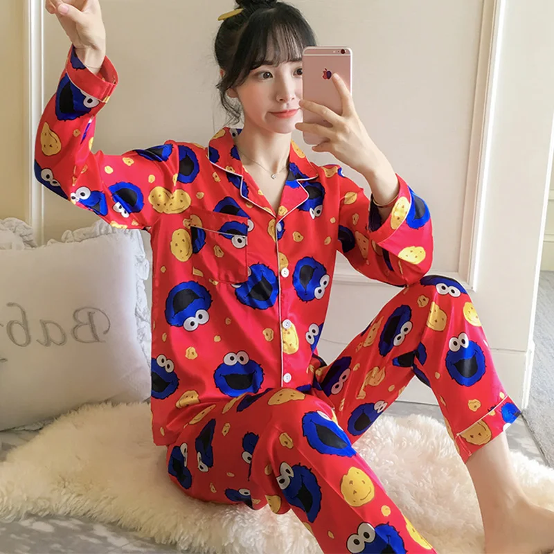 Модная женская пижама из искусственного шелка kawaii, комплект 2019 года, осенние женские пижамы, комплекты с цветочным принтом из двух