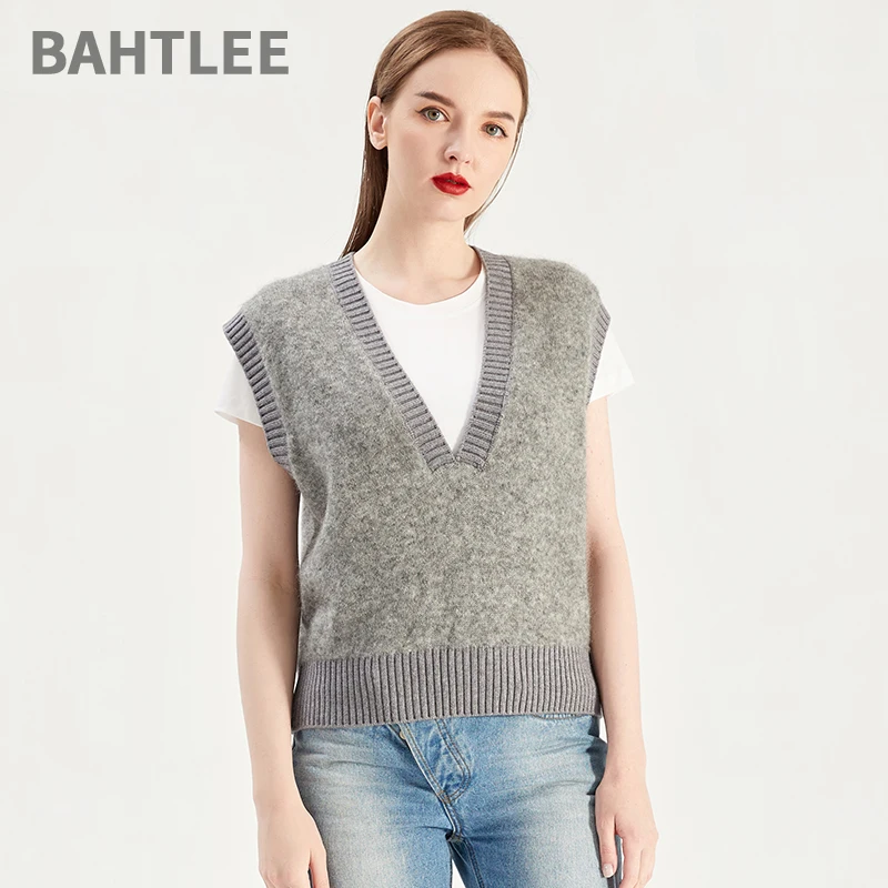 

BAHTLEE Autumn Spring Women Mohair Sleeveless V-Neck Pullovers Vest Sweater Pure Color Wool Knitted Split Jumper