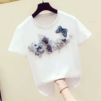 

Cotton T Shirt for Woman Summer T-shirt Handmade Butterfly Embroidery Flowers Sequin Short Sleeve Round Collar T Shirt Tops