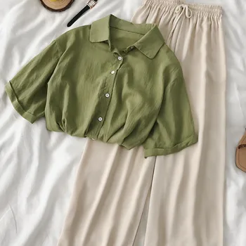 

Summer Chiffon Pant Set Women Casual Turn-down Collar Shirt + High Waist Drawstring Wide Leg Pants Two-piece Set Matching Suit
