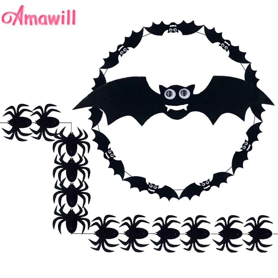 Amawill Halloween Chain Garland Decorations Cloth Bat Spider Shape Banner With Eyes Stickers Halloween Supplies Kids Play 8D
