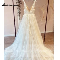 Lakshmigown Champagne V Neck Lace Appliques Wedding Dress Customized Shiny Tulle Vestidos Garden A Line Backless Bridal Gowns 2