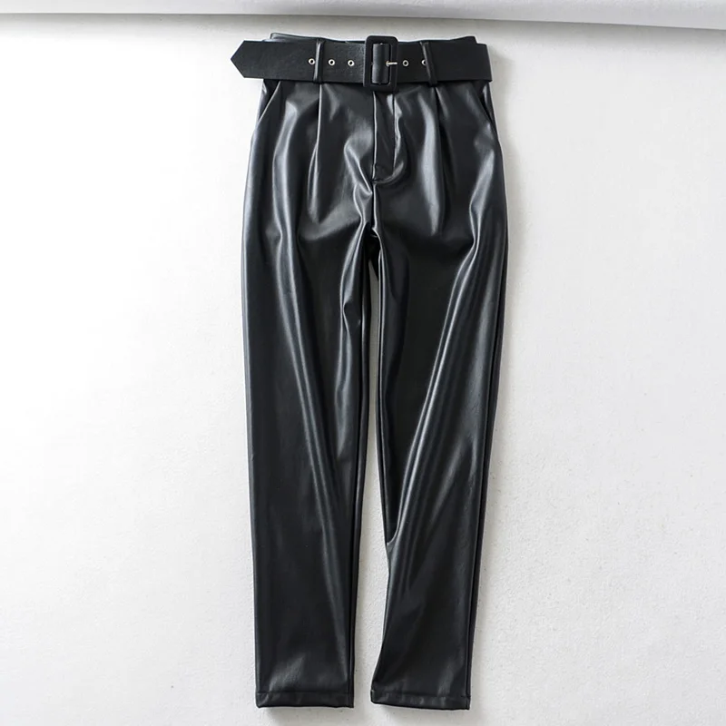 AGong High Imitation Leather Tie Belt Waist Pants Women Fashion PU Leather Trousers Women Elegant Pencil Pants Female Ladies KA