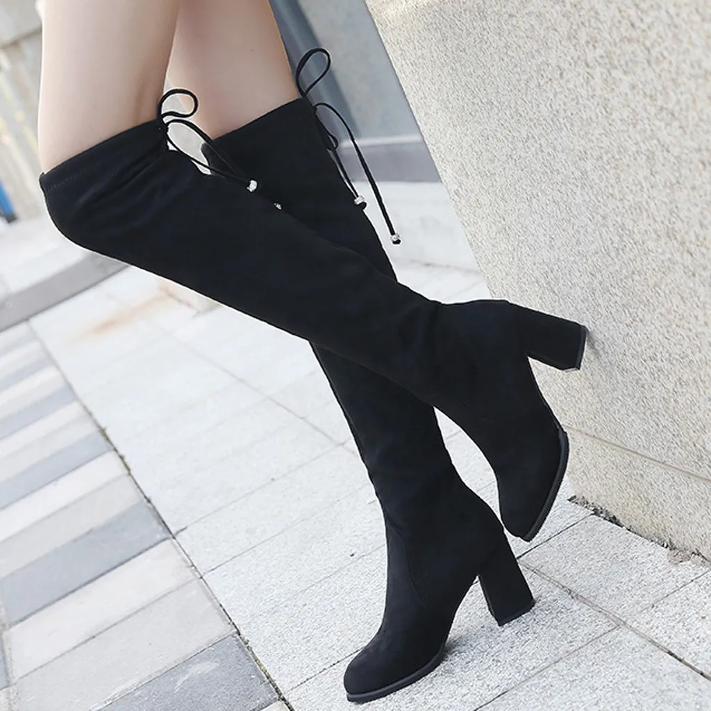 

Hot Sale Women's Boots Fashion Leisure Solid High Chunky Heels Thigh-high Boots Square heel Shoes Coturno Feminino Bota Femenina