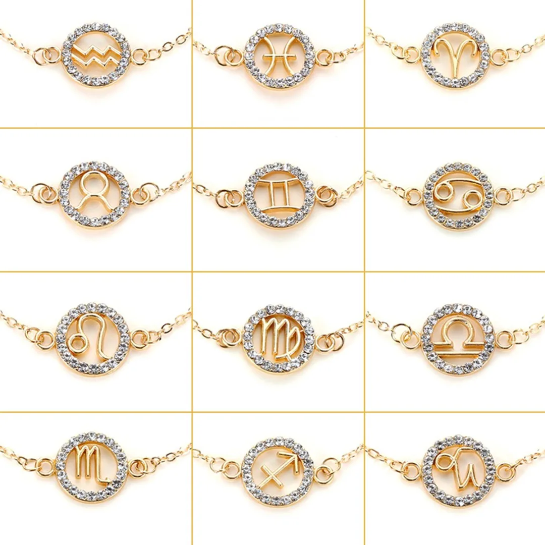 

12 Constellation Zodiac Charm Bracelet para mujer encantador brazalete de Aries Simple Color dorado brazalete de cristal pulseras brazaletes Jeewlry