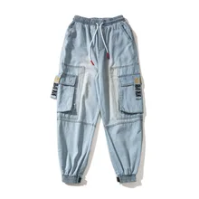 Уличные осенние и зимние трендовые дикие эластичные талии луч ноги маленькие ноги мульти-карман мужские джинсовые брюки повседневные девять брюки