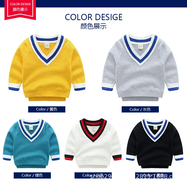Autumn And Winter New Style CHILDREN'S V-neck Sweater College Style Baby Cotton Knitwear Casual Sweater Tops Fashion