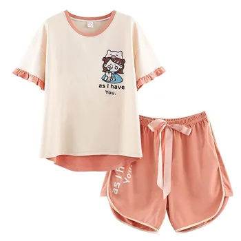 

New Women Summer Pajamas Casual Homewears 2 Pieces Top + Shorts Pajamas Set For Women Sweet Cotton Female Women Sleepwears